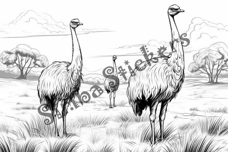 Colouring pages, bundle of multiple ostriches, 10 images