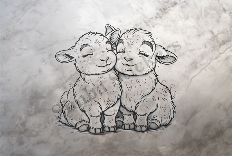 Goat kids cuddling cheek-to-cheek, outline art