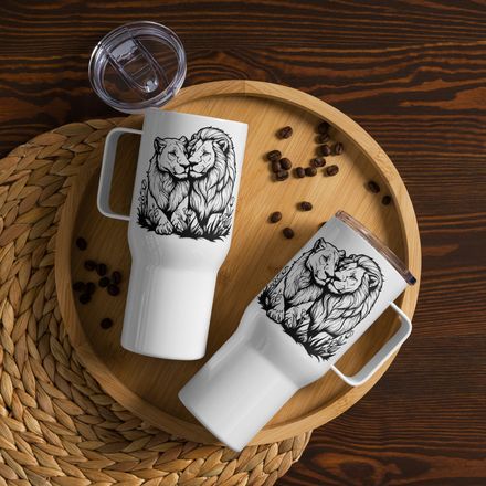 Travel Mug, Cattle, Male lion with lioness, outline art, u5voyg 