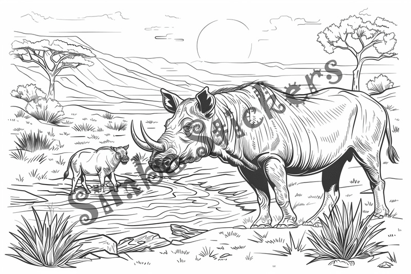 Colouring pages, bundle of African Savanna landscape, 25 images