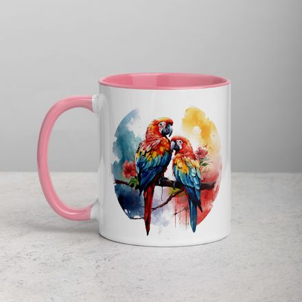 White Ceramic Mug with Color Inside, 11&amp;15oz, Parrots perching romantically, watercolour, h3l8qr