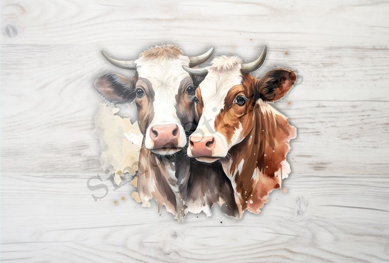 Cows nose-to-nose, one brown, one black, watercolour