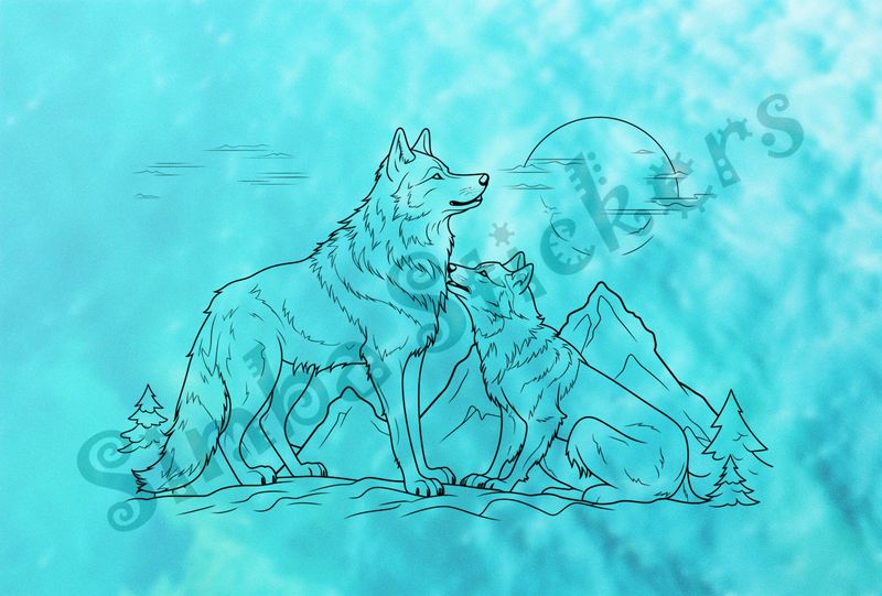 Wolves nose-to-nose under bright moon, outline art