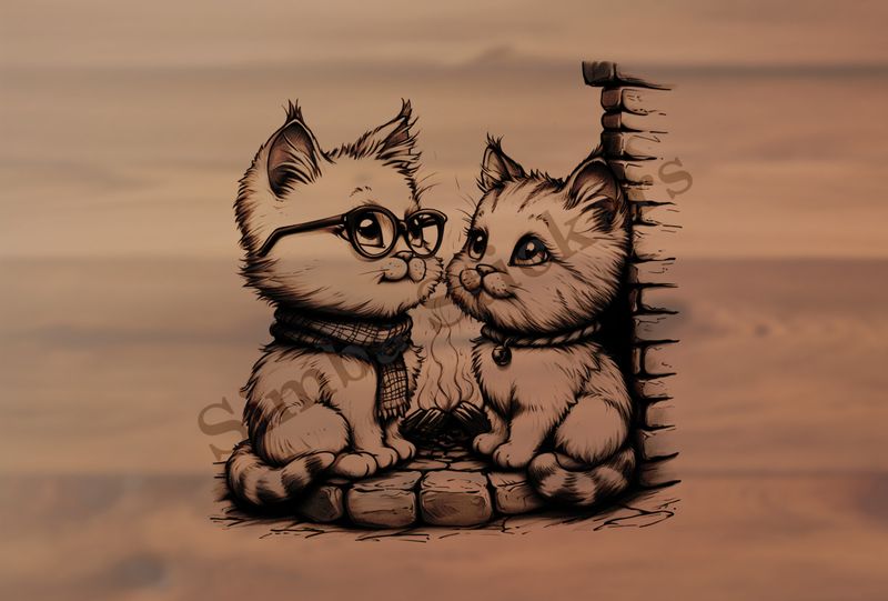 Cat kittens, one in glasses, outline art