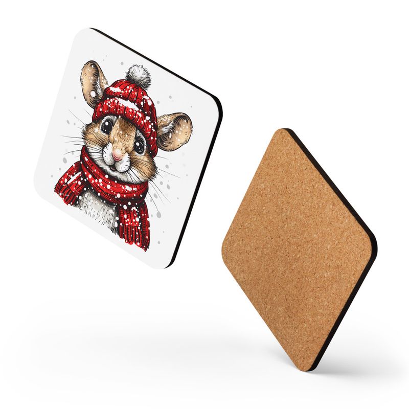 Cork-Back Coaster, Mouse wearing red winter hat and scarf in the snow, xg8dl3, mirrored