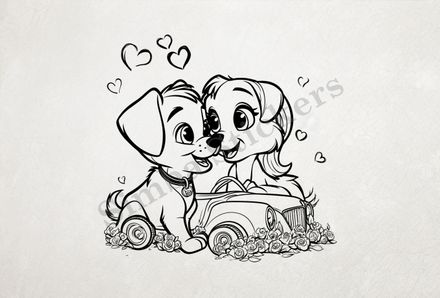 Dogs in love sitting over classic sports car toy, outline art
