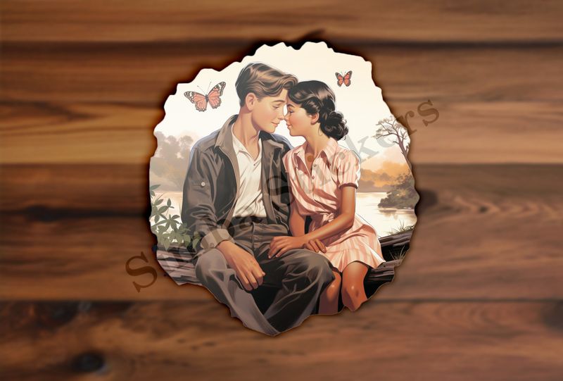 Young man and woman holding hands sitting on a log, vintage