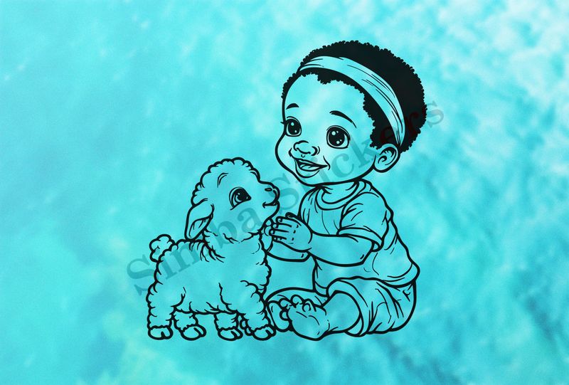 Sheep lamb looking up to small boy of African origin, outline art