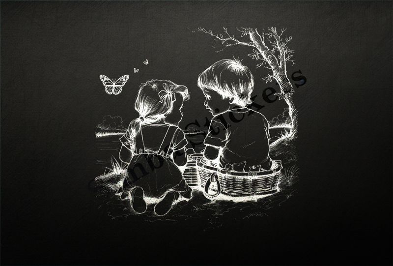 Boy and girl  by the river bank, boy in picnic basket, outline art