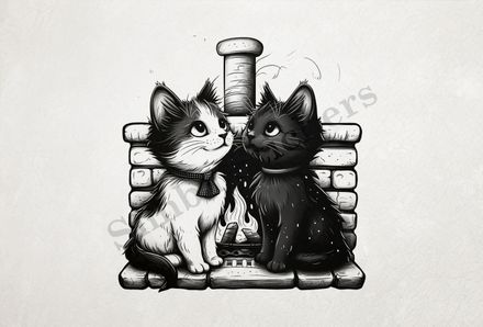 Cats, one in glasses, by the fireplace, outline art