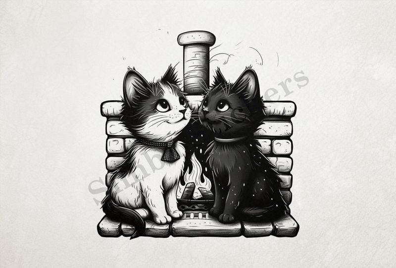 Cats, one in glasses, by the fireplace, outline art