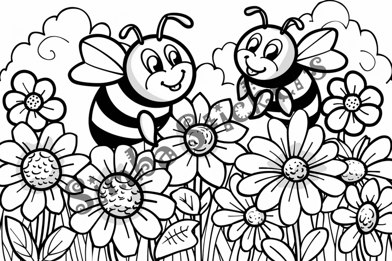 Colouring pages, bundle of bees around flowers, 10 images