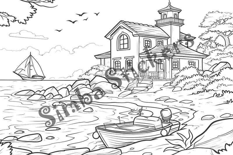 Colouring pages, bundle of houses overlooking the sea, 10 images