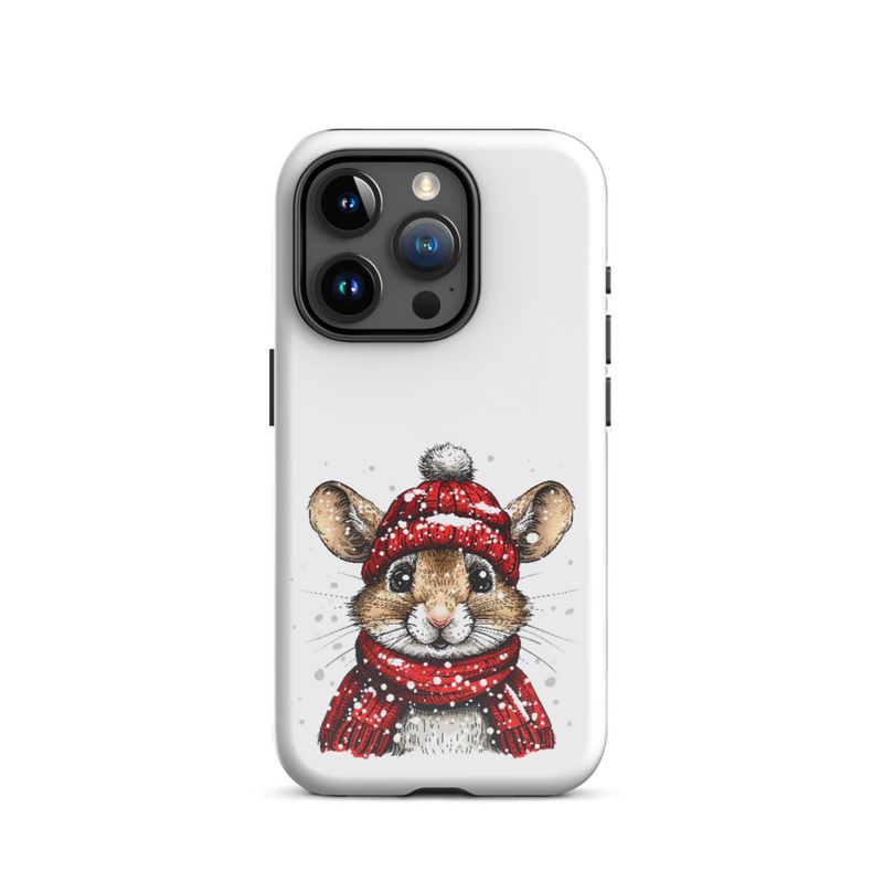 Tough Case for iPhone, Mouse wearing red winter hat and scarf in the snow, xg8dl3