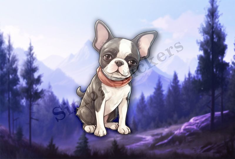 Boston Terrier dog with scarf, watercolour