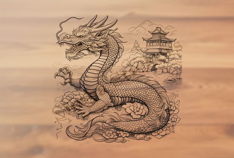 Chinese dragon across the pond from stylish house, outline art