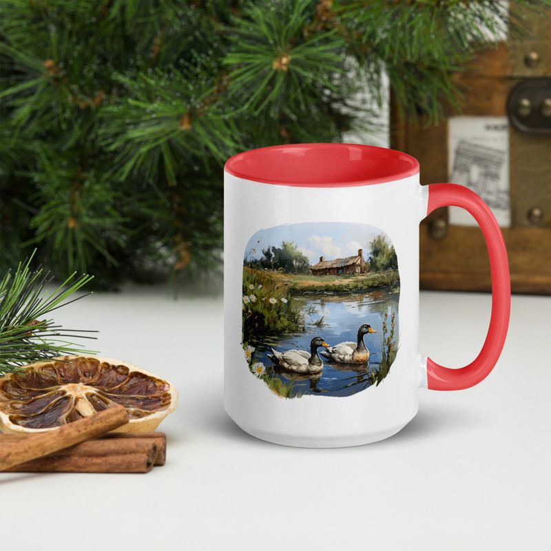 White Ceramic Mug with Color Inside, 11 &amp;15oz, Ducks in love swimming in farmhouse pond 