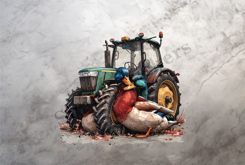 Ducks cuddling in front of farmer&#x27;s green tractor