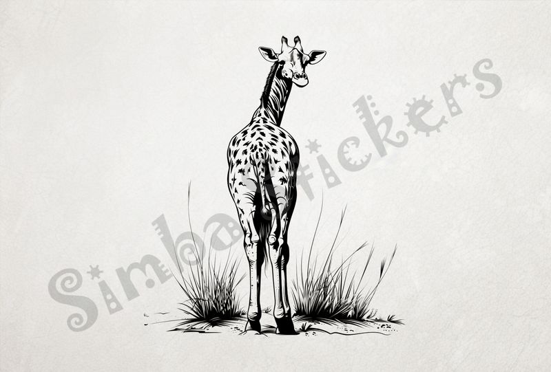 Giraffe from behind, head turned backwards to the right, outline art