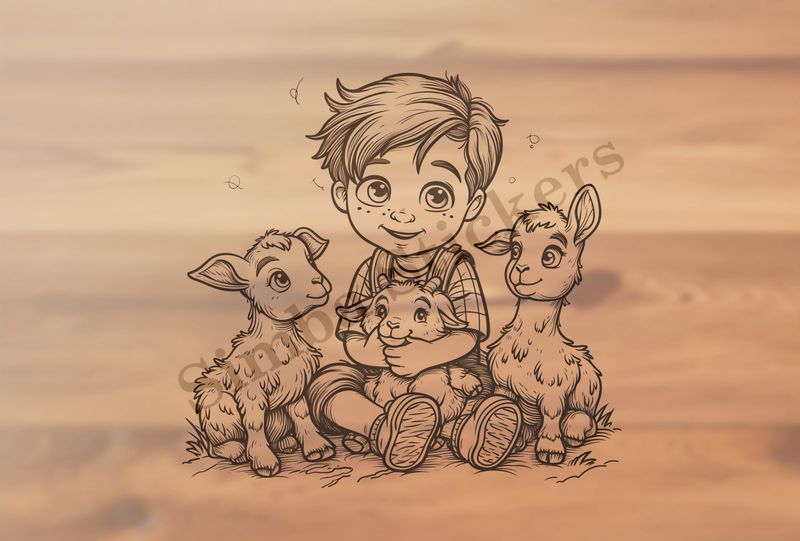 Goat kids with boy, one hugged, outline art