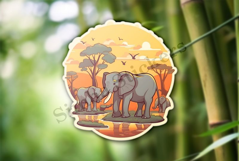 African elephant family at a pond in the Savanna
