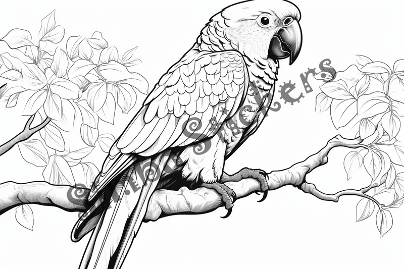 Colouring pages, bundle of parrots perching, 10 images