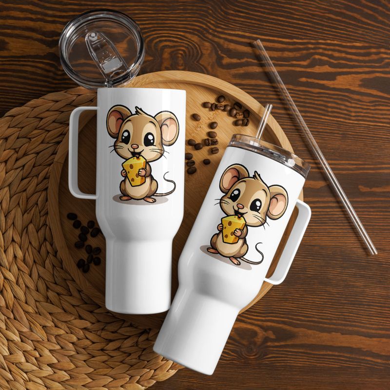 Travel Mug, Cattle, Small Mouse happily licking large chunk of cheese, pqapy6