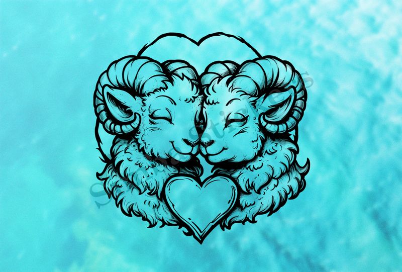 Sheep in love, heart at centre, outline art