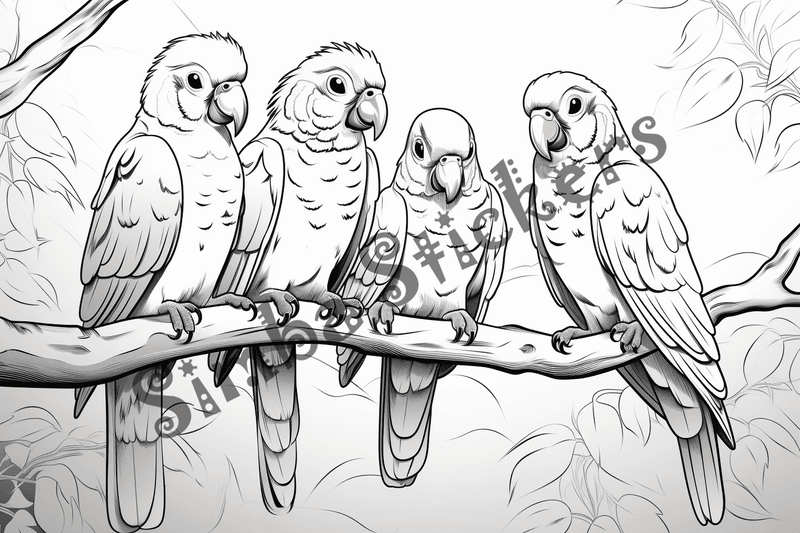 Colouring pages, bundle of parrots, 25 images