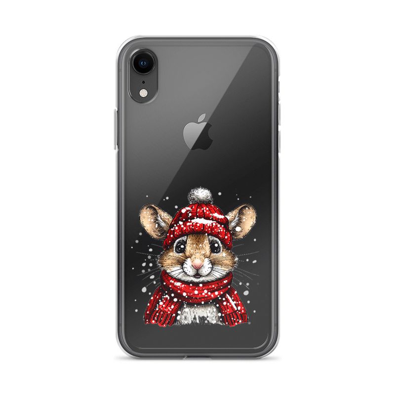 Clear Case for iPhone, Mouse wearing red winter hat and scarf in the snow, xg8dl3