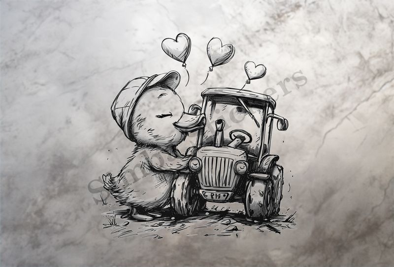 Duckling kissing farmer&#x27;s tractor, outline art