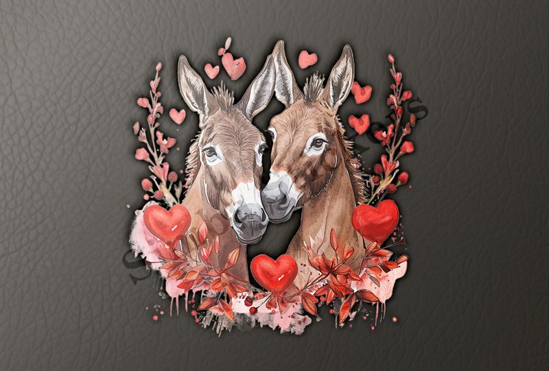 Donkeys in love, hearts and red leaves, watercolour