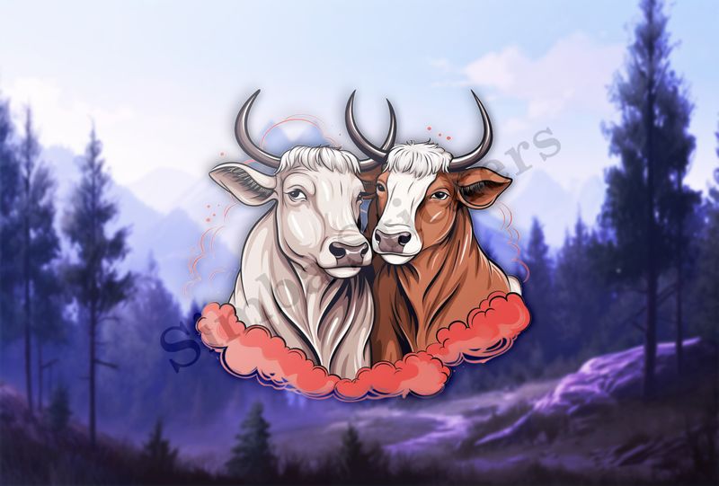 Bull and cow, romantic, reddish clouds, qoucds