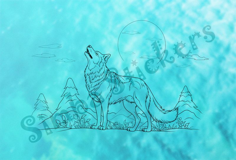 Wolf howling at the moon, outline art
