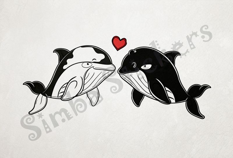 Whales nose-to-nose in love, red Valentine&#x27;s heart above, outline art