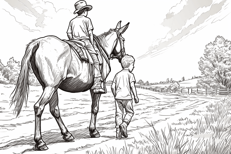 Colouring pages, bundle of mules carrying passengers, 10 images