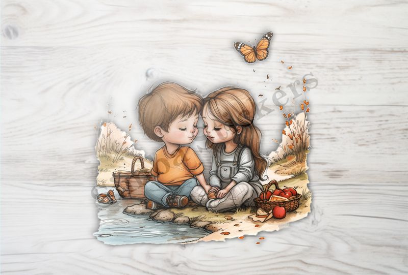 Boy and girl in love, holding hands next to a small stream, watercolour