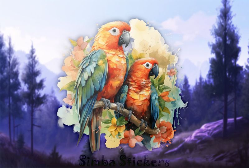 Parrots in love perching above and among flowers, qbar4x