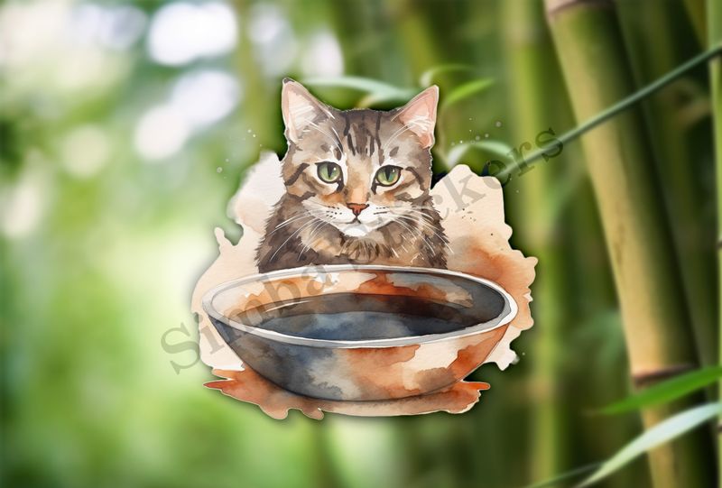 Cat behind bowl, watercolour