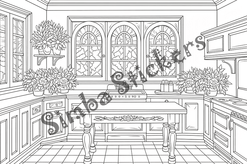 Colouring pages, bundle of house kitchens, 10 images
