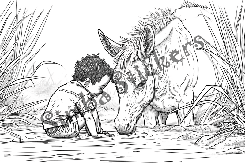 Colouring pages, bundle of mules with children, 10 images