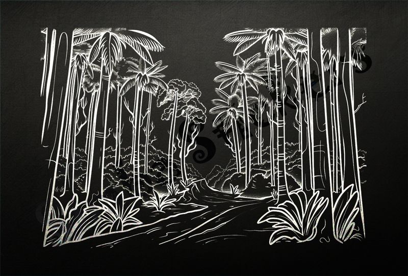 Equatorial Rainforest landscape, flowing river, outline art