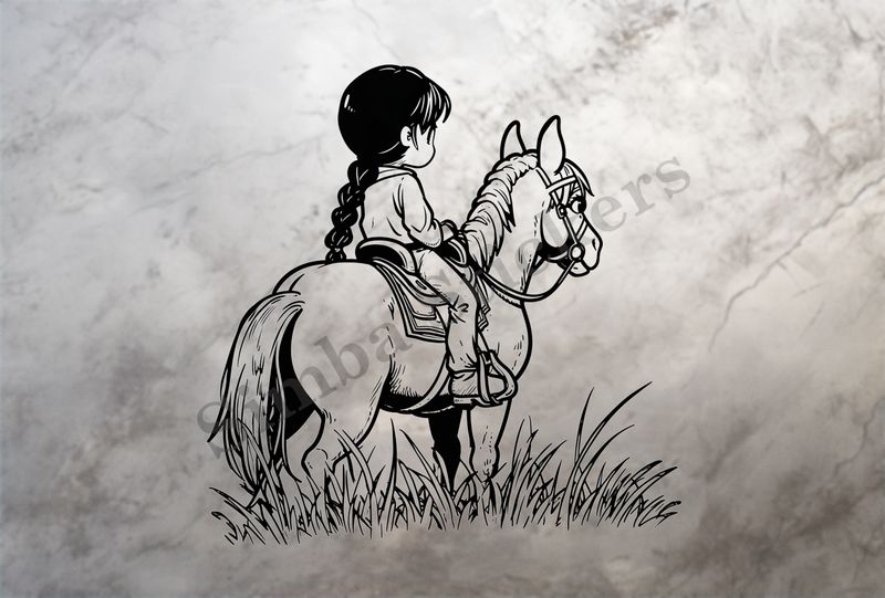 Horse carrying a small Asian girl, outline art