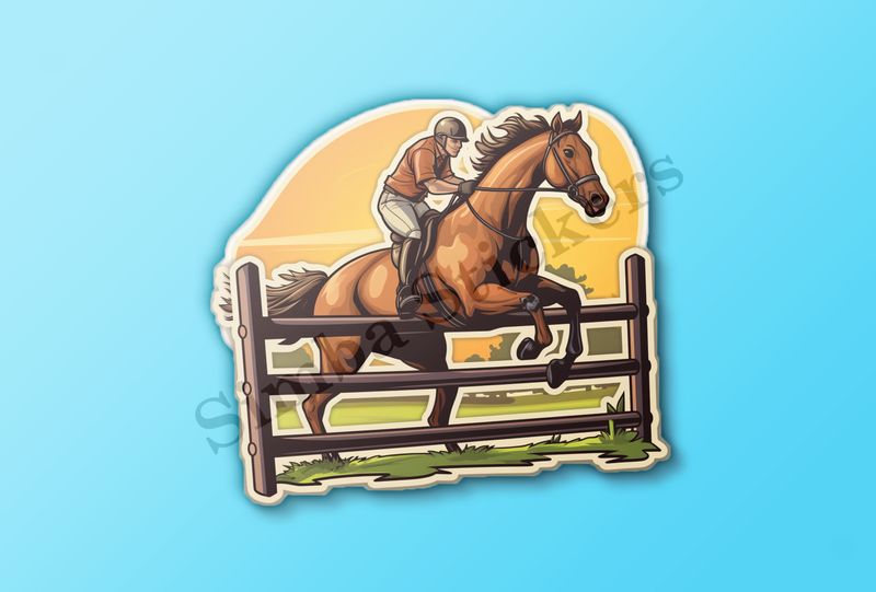 Horse with rider jumping over a fence, golden sky in background