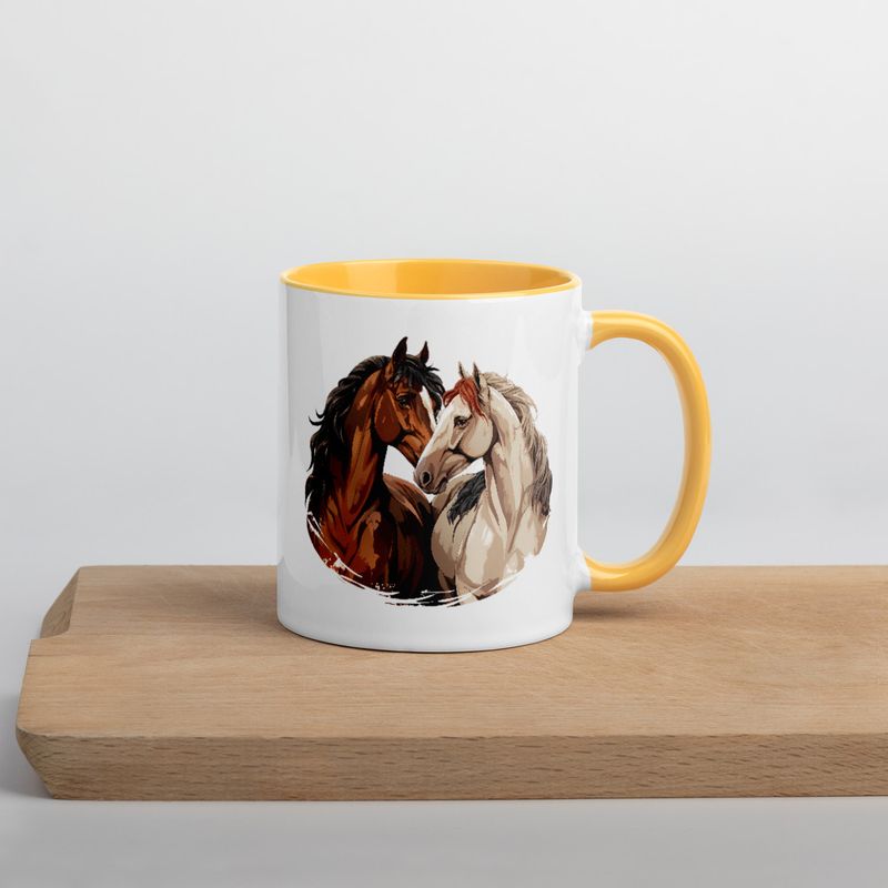 White Ceramic Mug with Color Inside, 11&amp;15oz, Horses nose-to-nose, jbgjpy