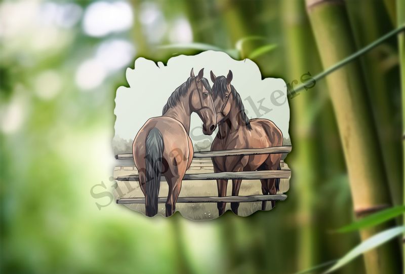 Two brown horses separated by fence