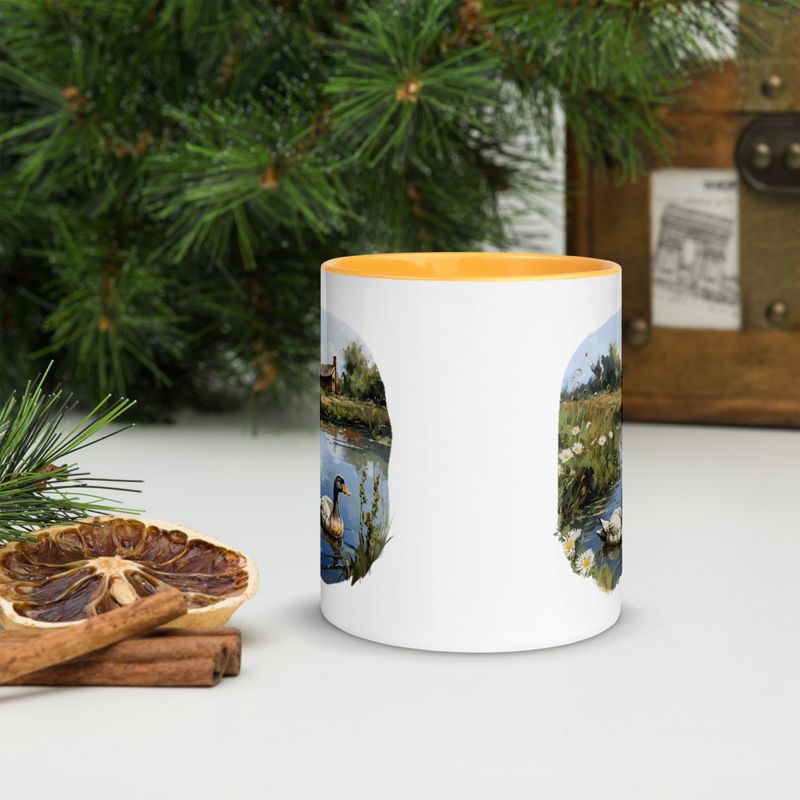 White Ceramic Mug with Color Inside, 11 &amp;15oz, Ducks in love swimming in farmhouse pond 