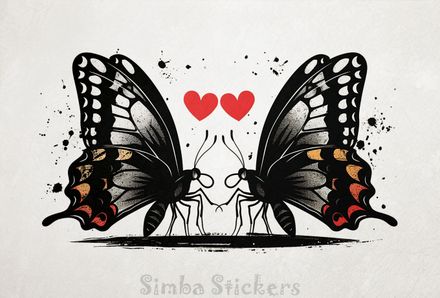 Butterflies in love Valentine&#x27;s hearts above, outline art, gnq1zp