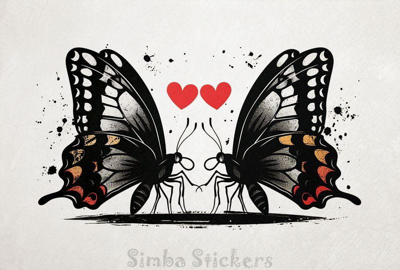 Butterflies in love Valentine&#x27;s hearts above, outline art, gnq1zp