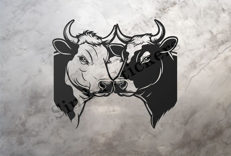 Bull and cow nose-to-nose , hearts floating above outline art